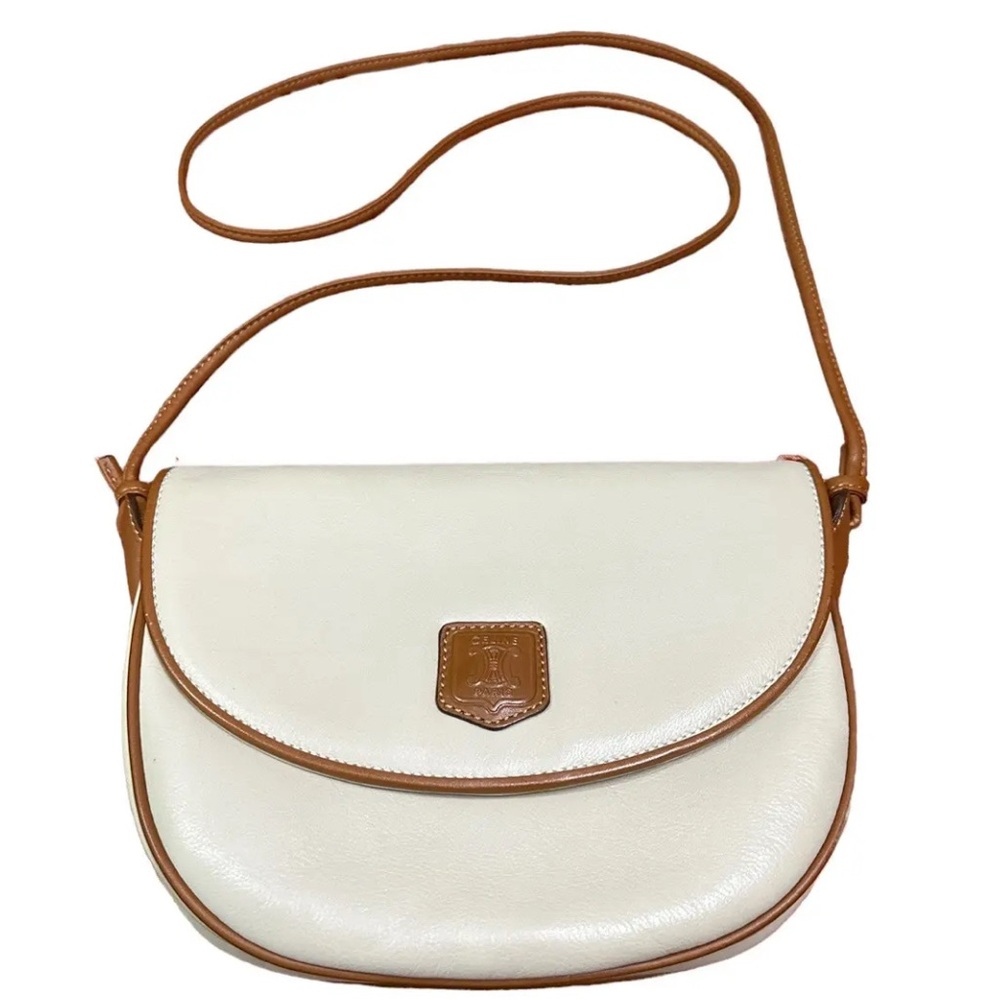 Vintage Authentic Celine White X Tan Trim Crossbody Purse